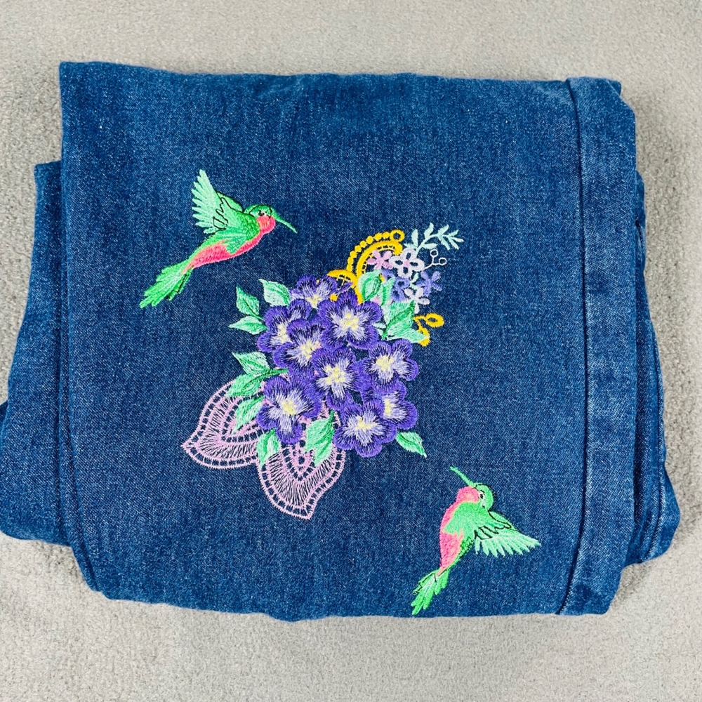 Vintage Chic Hummingbird Floral Embroidered Denim Pants Women's 16 Elastic Waist